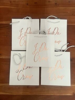 “I Do Crew” White Bachelorette Gift Bags with Rose Gold Script (Set of 5)